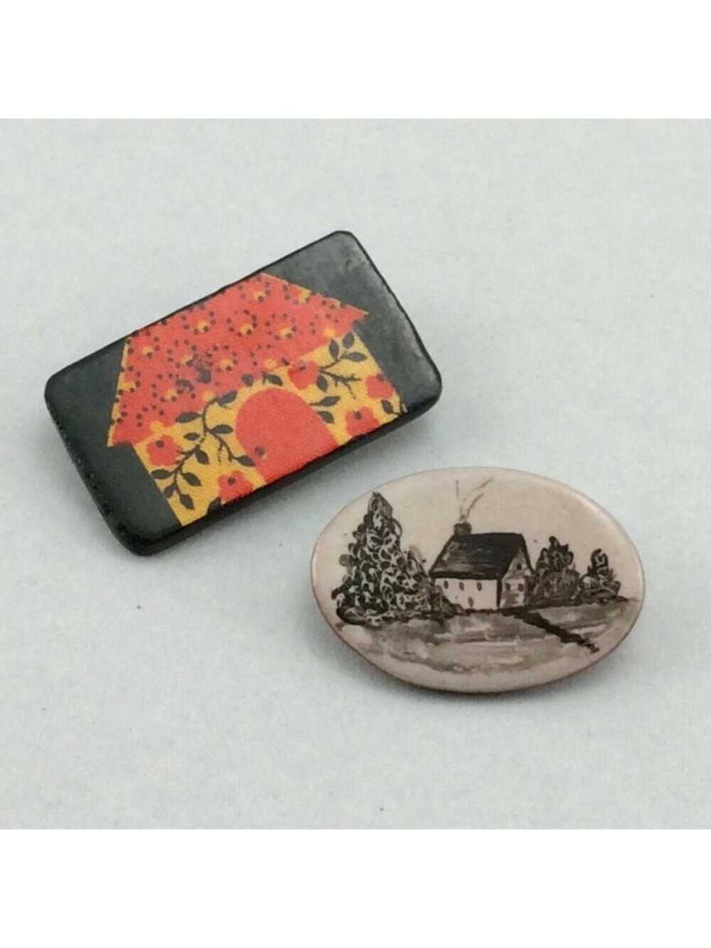 2 Cute Handmade House Cottage Themed Brooches Pins Country Wood Clay Cottagecore
